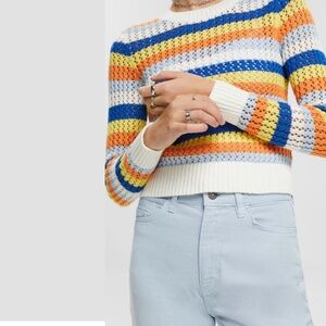 ESPRIT 100% Cotton Pointelle Knit Long Sleeve Crew Neck Pullover Multi Colour L